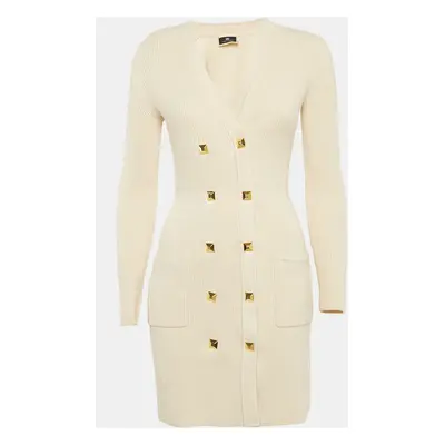 Elisabetta Franchi Cream Rib Knit Double Breasted Mini Dress