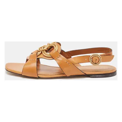 Tory Burch Brown Leather Crystal Embellished Slingback Flat Sandals Size