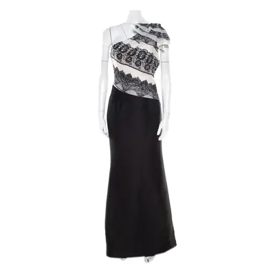 Carolina Herrera Monochrome Lace Print Silk One Shoulder Evening Gown