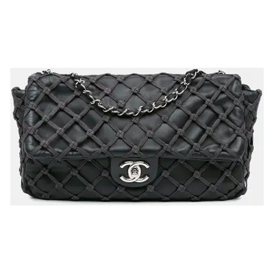 Chanel Black Jumbo Calfskin Canebiers Net Flap