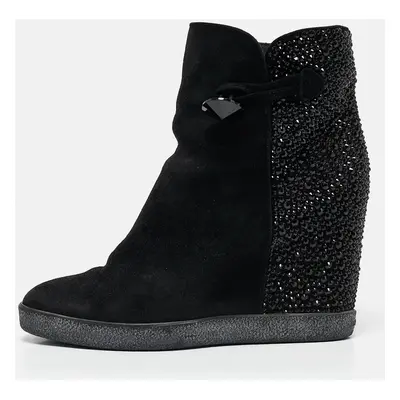 Le Silla Black Suede Crystal Embellished Wedge Ankle Length Boots Size