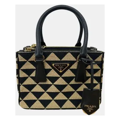 Prada Black Beige Jacquard Leather Galleria Tote Bag