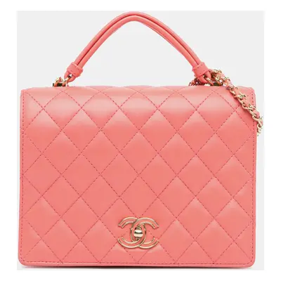 Chanel Pink CC Quilted Lambskin Handle Tied Flap Bag