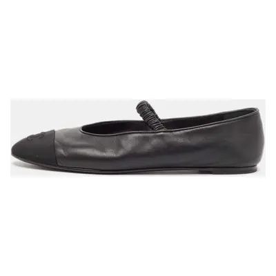 Chanel Black Leather and Fabric CC Mary Jane Ballet Flats Size