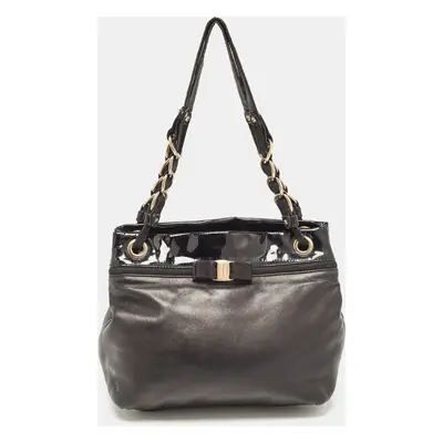 Salvatore Ferragamo Black Patent and Leather Bow Chain Tote