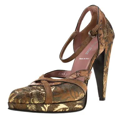 Miu Miu Metalllic Brown Brocade Fabric And Leather Trim Ankle Strap Platform Sandals Size