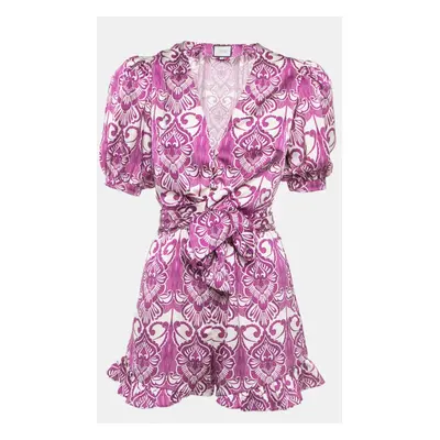 Alexis Purple Printed Satin Knotted Romper Jumpsuit