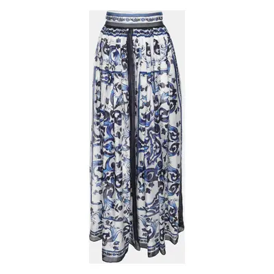 Dolce & Gabbana White/Blue Majolica Print Cotton Poplin Midi Skirt