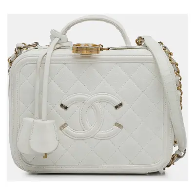 Chanel White Medium Caviar Filigree Vanity Case