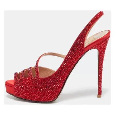 Valentino Red Suede Crystal Embellished Slingback Platform Sandals Size 37.5