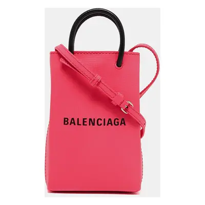 Balenciaga Pink/Black Leather Shopping Phone Holder Crossbody Bag