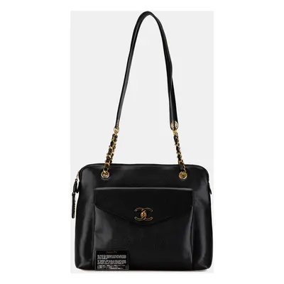 Chanel Black Caviar Front Pocket Chain Tote