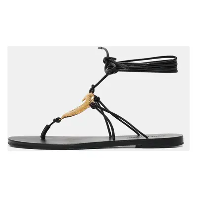 Saint Laurent Black Leather Love Ankle Tie Flat Sandals Size