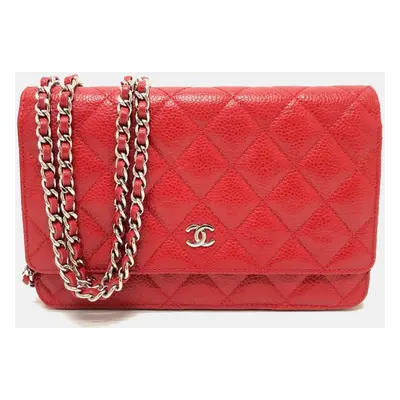 Chanel Red Caviar Skin CC Coco Mark Classic Chain Wallet Bag