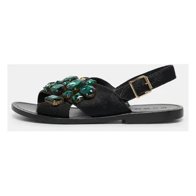 Marni Black Calf Hair Embellished Flat Slingback Sandals Size