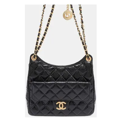 Chanel Black Leather Matelasse CC Logo Hobo Bag