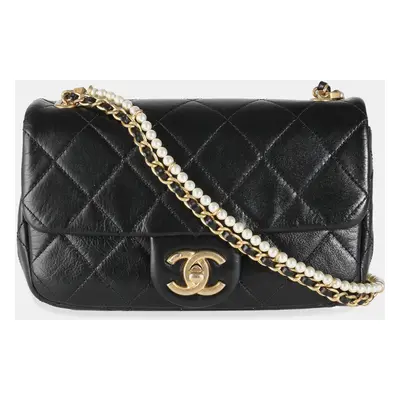 Chanel Black Quilted Lambskin Pearl Chain Mini Flap Bag