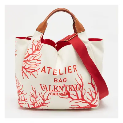 Valentino White/Red Printed Canvas Atelier Tote