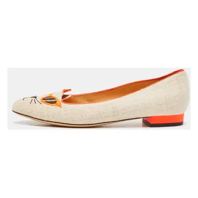 Charlotte Olympia Beige/Orange Canvas Cat Ballet Flats Size 38.5