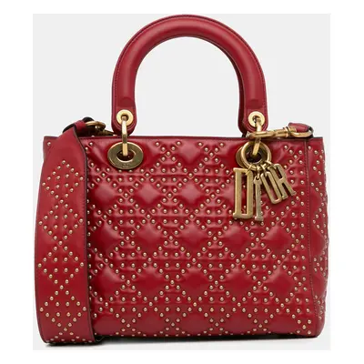 Dior Red Medium Lambskin Cannage Studded Supple Lady Dior