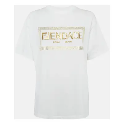 Fendi White Logo Embellished Cotton Crew Neck T-Shirt