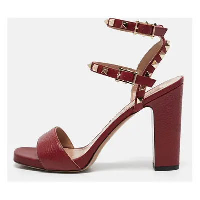 Valentino Burgundy Leather Rockstud Ankle Strap Sandals Size