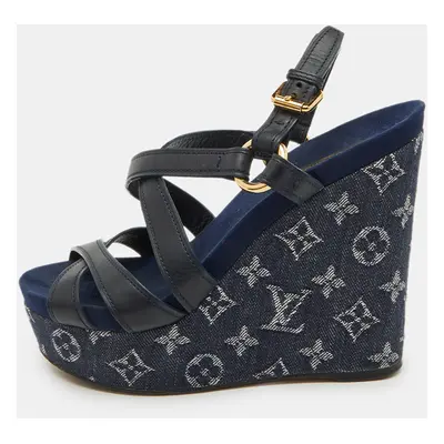 Louis Vuitton Navy Blue Leather and Monogram Denim Ocean Wedge Sandals Size