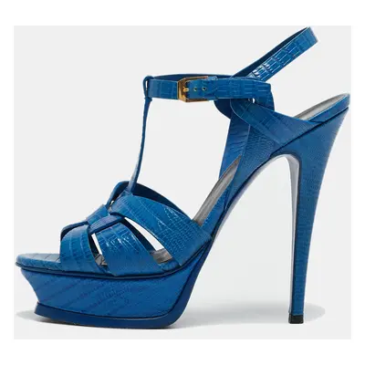 Saint Laurent Blue Lizard Embossed Leather Tribute Platform Sandals Size