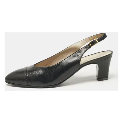 Chanel Black Leather Cap Toe Slingback Pumps Size 37.5