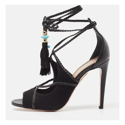 Aquazzura Black Leather and Suede Ankle Wrap Sandals Size