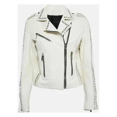 Nour Hammour White Leather Lace-Up Detail Jacket