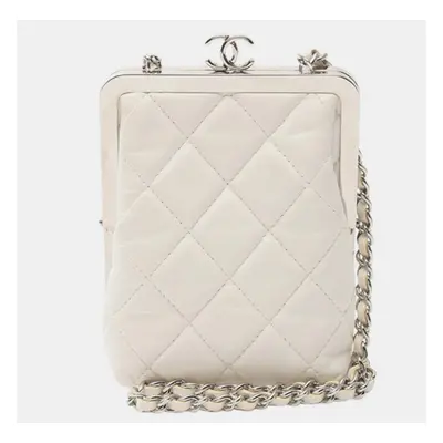 Chanel White CC Quilted Lambskin Evening Clutch