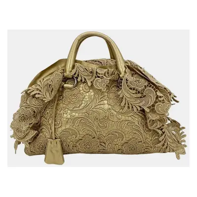 Prada Gold Leather And Lace Pizzo Bag