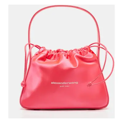 Alexander Wang Neon Pink Satin and Leather Ryan Drawstring Bag