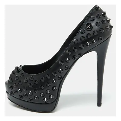 Philipp Plein Black Leather Studded Peep Toe Platform Pumps Size