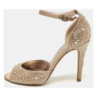 Gina Gold Satin Crystal Embellished Heel Ankle Strap Sandals Size