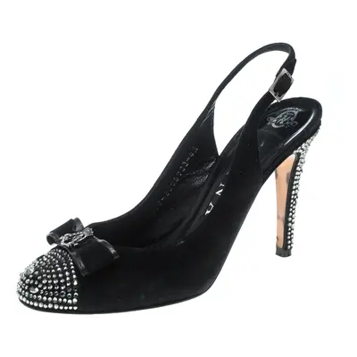 Gina Black Suede Crystal Embellished Cap Toe Slingback Sandals Size 37.5