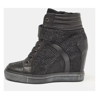 Le Silla Black Crystals and Leather Wedge Sneakers Size