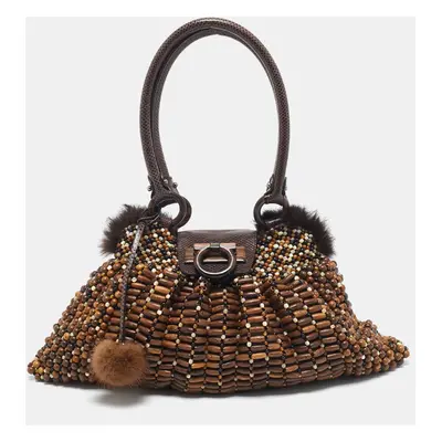 Salvatore Ferragamo Brown Wood Beaded and Lizard Shoulder Bag