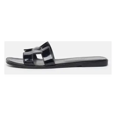 Hermes Black Patent Leather Oran Flat Slide Sandals Size