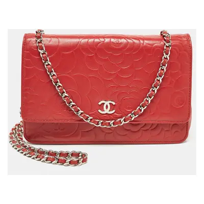 Chanel Red Leather Camellia Wallet On Chain