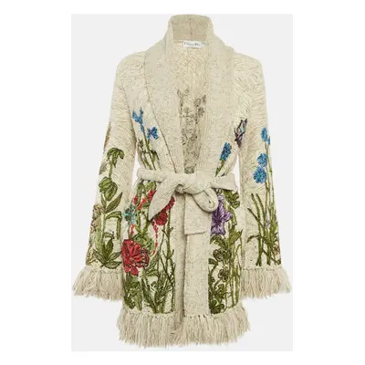 Christian Dior Beige Floral Embroidered Knit Fringed Cardigan