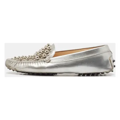 Tod's Silver Leather Studded Gommini Loafers Size 39.5