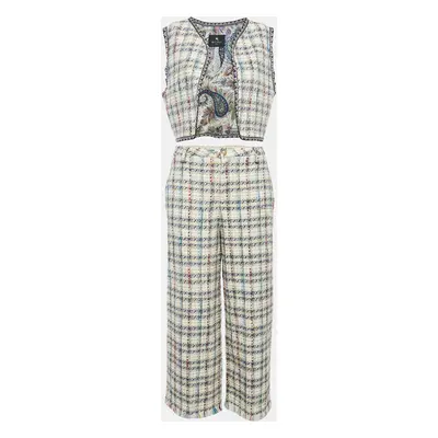 Etro Beige Checks Tweed Open Front Vest and Trousers Set