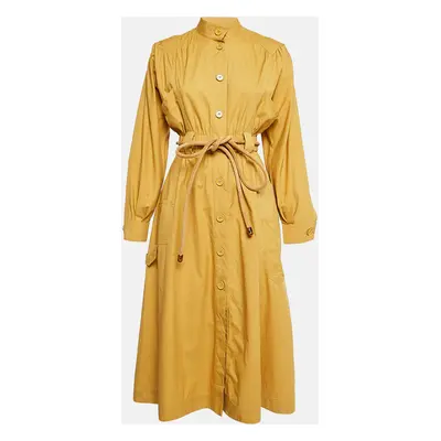 Fendi Mustard Yellow Cotton Button Front Belted Midi Dress