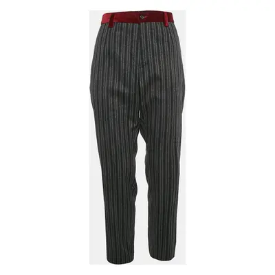 Dolce & Gabbana Grey Striped Wool and Velvet Trim Trousers