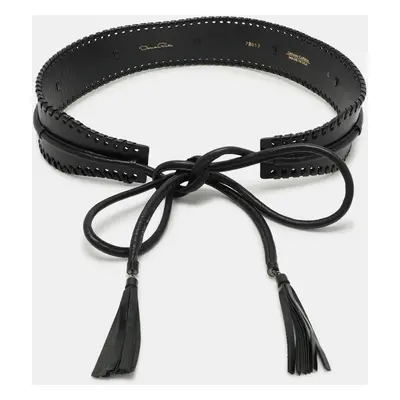 Oscar de la Renta Black Leather Whipstitch Detail Wrap Around Waist Belt 86CM