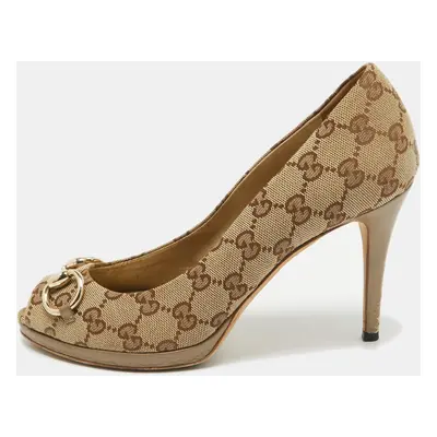 Gucci Beige GG Canvas and Leather Peep Toe Pumps Size