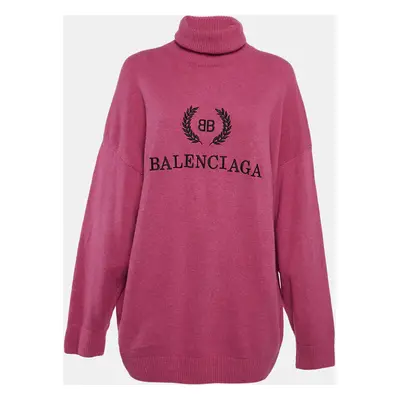 Balenciaga Pink Logo Embroidered Wool Knit Turtle Neck Sweater