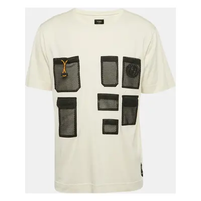 Fendi Cream Mesh Pocket Detail Jersey T-Shirt